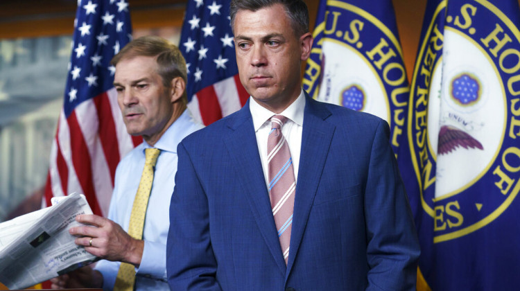 Rep. Jim Banks, R-Ind., right, and Rep. Jim Jordan, R-Ohio, left, exchange places at the podium during a news conference at the Capitol in Washington, Wednesday, July 21, 2021. Banks, who was rejected by House Speaker Nancy Pelosi as the top Republican for the committee investigating last year's U.S. Capitol insurrection is fending off an effort to remove his name from this year's election ballot.  - (AP Photo/J. Scott Applewhite, File)