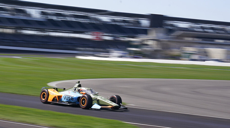 Felix Rosenqvist, of Sweden, drives off the apron during testing at Indianapolis Motor Speedway, Thursday, April 21, 2022, in Indianapolis.  - AP Photo/Darron Cummings