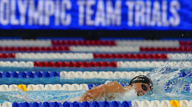 FILE - Katie Ledecky participates in the women's 800 freestyle during wave 2 of the U.S. Olympic Swim Trials on Saturday, June 19, 2021, in Omaha, Neb. USA Swimming has set the dates for the 2024 Olympic trials, which will be held at Lucas Oil Stadium in Indianapolis. The governing body announced Monday, May 23, 2022, that the competition to determine the team for the Paris Games will run from June 15-23.  - AP Photo/Jeff Roberson, File