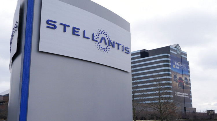 FILE - The Stellantis sign is seen outside the Chrysler Technology Center, in Auburn Hills, Mich. Automaker Stellantis has scheduled an announcement for Tuesday, May 24, 2022, in Kokomo, Ind., for what could be the company's second North American electric vehicle battery factory. - AP Photo/Carlos Osorio, File