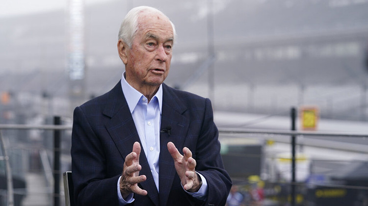 Roger Penske responds to questions during an interview on the victory podium before practice for the Indianapolis 500 auto race at Indianapolis Motor Speedway, Thursday, May 19, 2022, in Indianapolis. - AP Photo/Darron Cummings