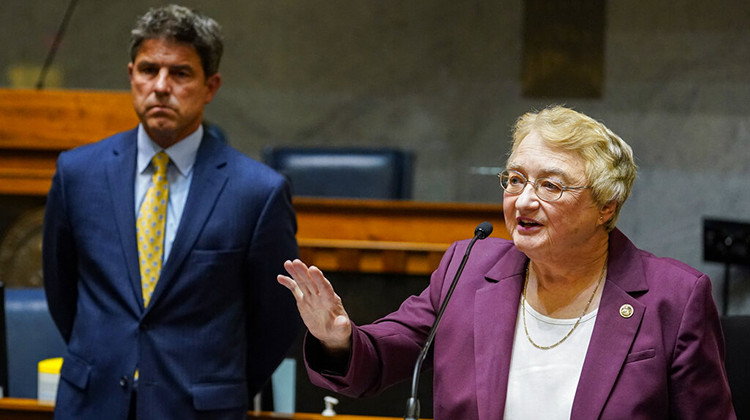 State Sen. Sue Glick, R-LaGrange, right, and Senate President Pro Tem Rodric Bray, R-Martinsville, outline proposed legislation on abortion and financial relief at the Statehouse in Indianapolis, Wednesday, July 20, 2022, that will be introducing in the upcoming special session.  - AP Photo/Michael Conroy
