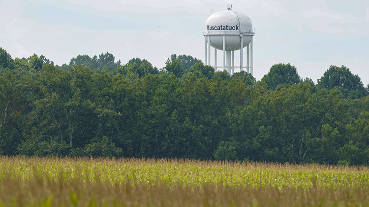 The water tower at the Muscatatuck Urban Training Center, surrounded by corn fields, is shown in Butlerville, Ind., Monday, Aug. 29, 2022. Three members of the Dutch Commando Corps, who were training at the center, were shot outside their hotel in downtown Indianapolis early Saturday morning. The Dutch Defense Ministry says that one has died.  - AP Photo/Michael Conroy