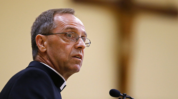 FILE - Bishop Charles Thompson speaks after he is introduced as the new archbishop of Indianapolis on June 13, 2017, in Indianapolis. The Indiana Supreme Court ruled Wednesday, Aug. 31, 2022, that religious freedom rights protect the Roman Catholic Archdiocese of Indianapolis from being sued by a teacher who was fired from his job at a Catholic high school for being in a same-sex marriage. - AP Photo/Michael Conroy, File