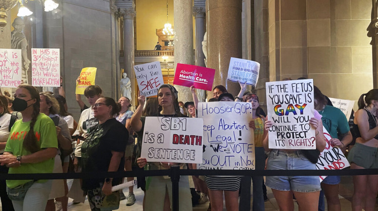 FILE - Abortion-rights protesters fill Indiana Statehouse corridors and cheer outside legislative chambers, Friday, Aug. 5, 2022, as lawmakers vote to concur on a near-total abortion ban, in Indianapolis. An Indiana judge on Thursday, Sept. 22, blocked the state’s abortion ban from being enforced, putting the law on hold as abortion clinic operators argue that the new law violates the state constitution. - AP Photo/Arleigh Rodgers, File