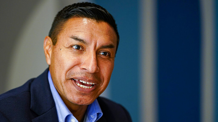 Republican candidate for Indiana Secretary of State Diego Morales speaks during an interview in Indianapolis, Tuesday, Sept. 20, 2022.  - AP Photo/Michael Conroy