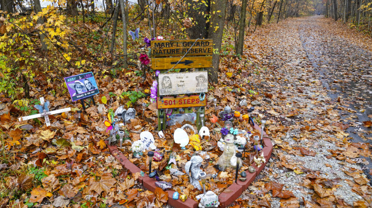 FILE - A makeshift memorial to Liberty German and Abigail Williams is pictured near where they were last seen and where the bodies were discovered along the Monon Trail leading to the Monon High Bridge Trail in Delphi, Ind., Oct. 31, 2022. - AP Photo/Michael Conroy, File