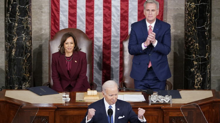 Vice President Harris and Speaker of the House Kevin McCarthy listen as President Biden delivers his State of the Union address. - Alex Brandon / AP