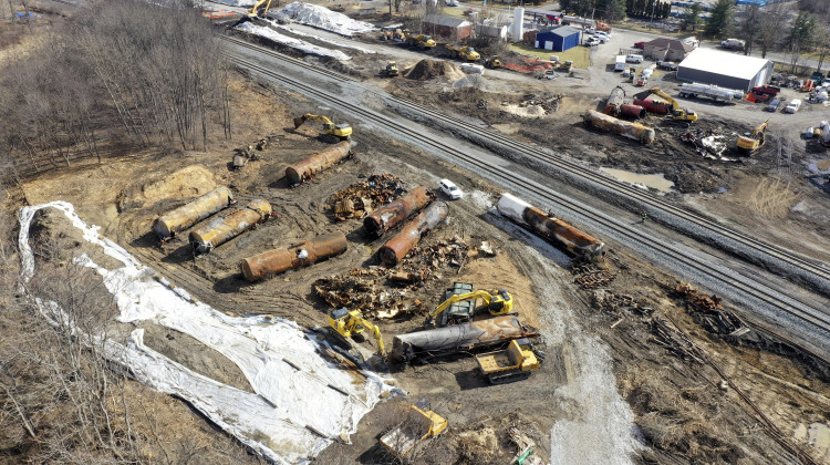A view of the scene Friday, Feb. 24, 2023, as the cleanup continues at the site of of a Norfolk Southern freight train derailment that happened on Feb. 3 in East Palestine, Ohio. - AP Photo/Matt Freed