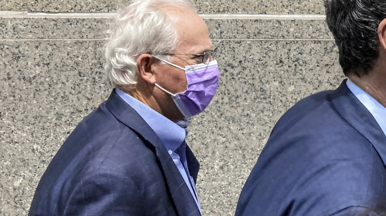 Former U.S. Rep. Stephen Buyer, left, trails his lawyer as he leaves Manhattan federal court after pleading not guilty to charges that he participated in an insider trading scheme while working as a consultant, July 27, 2022, in New York. Buyer went on trial Wednesday, March 1, 2023, on insider trading charges, accused of illegally garnering stock windfalls by exploiting his consulting clients' corporate secrets years after he left Congress. - AP Photo/Larry Neumeister, File