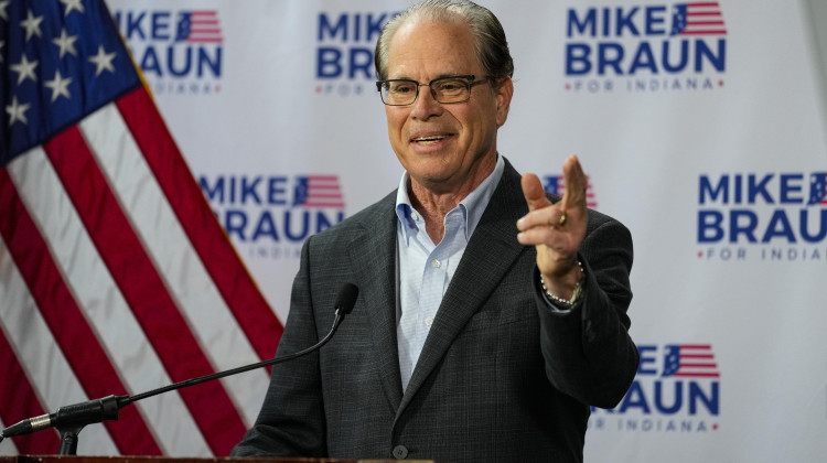 FILE - U.S. Sen. Mike Braun, R-Ind., announces in Indianapolis, Monday, Dec. 12, 2022 that he will for Indiana governor in 2024. Braun will face Indiana Lt. Gov. Suzanne Crouch for the Republican nomination. An Indianapolis City-County Council member on Thursday, July 6, 2023, became the second announced Democrat to seek Indiana’s open U.S. Senate seat from outgoing Braun in the 2024 election.  - AP Photo/Michael Conroy, File