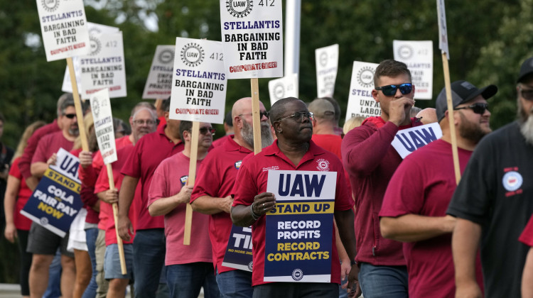 United Auto Workers march outside the Stellantis North American Headquarters, Wednesday, Sept. 20, 2023, in Auburn Hills, Mich.  - AP Photo/Carlos Osorio