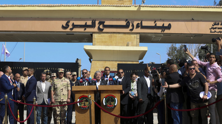 The U.N. Secretary-General Antonio Guterres speaks at the Rafah border crossing, Egypt, Friday, Oct. 20, 2023. -  (AP Photo/Mohammed Asad)