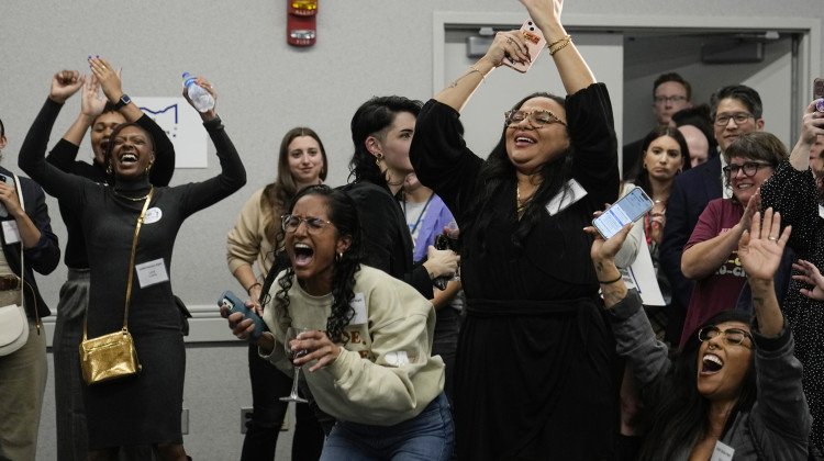 Issue 1 supporters celebrate at a watch party, Tuesday in Columbus, Ohio. Ohio voters approved a constitutional amendment that guarantees the right to abortion and other forms of reproductive health care. The outcome of Tuesday's intense, off-year election was the latest blow for abortion opponents. - Sue Ogrocki / AP