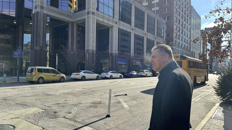 Former Indiana state Rep. Sean Eberhart, 57, leaves a hearing at the Birch Bayh Federal Building U.S. Courthouse, Tuesday, Nov. 28, 2023, in Indianapolis. Eberhart pleaded guilty before a federal judge to a fraud charge. He has been accused of accepting promises of lucrative employment from a casino company in return for favorable action during his time in the General Assembly in 2019.  - AP Photo/Isabella Volmert