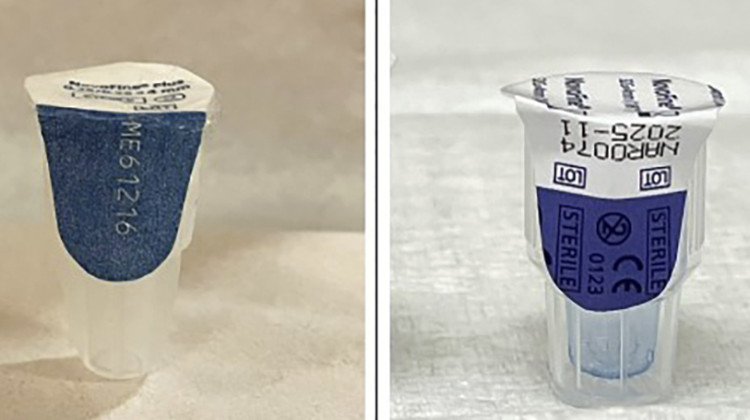 This photo combo provided by the U.S. Food and Drug Administration shows an authentic Ozempic needle (left) and a counterfeit needle (right). The FDA said it has seized "thousands of units" of counterfeit Ozempic, the diabetes drug widely used for weight loss, that had been distributed through legitimate drug supply sources. - FDA via AP