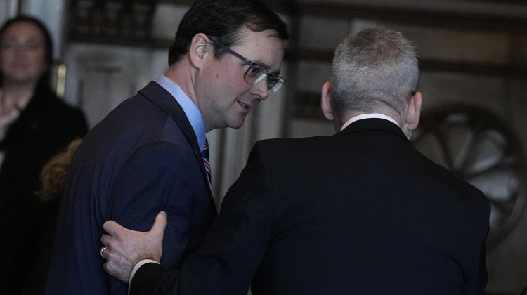 Mark Leeman, left, and Matthew Gutwein speak after a hearing before the Indiana Supreme Court at the Statehouse, Thursday, Jan. 18, 2024, in Indianapolis. The state Supreme Court will determine whether to remove special Judge Fran Gull from the case and whether Richard Allen's original defense attorneys, Andrew Baldwin and Bradley Rozzi, should be reinstated.  - AP Photo/Darron Cummings, Pool