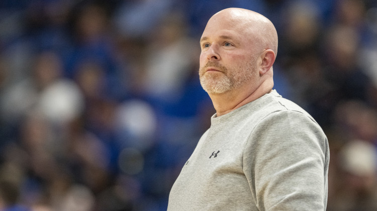 The 48-year-old Schertz coached Lincoln Memorial University in Tennessee to three NCAA Division II Final Fours in 13 years before taking over at Indiana State in 2021. - Doug McSchooler / AP Photo