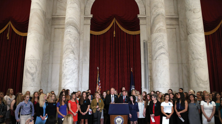 Sen. Jerry Moran, R-Kansas, center left, and Sen. Richard Blumenthal, D-Conn., attend a news conference with dozens of women and girls who were sexually abused by Larry Nassar, a former doctor for Michigan State University athletics and USA Gymnastics, July 24, 2018, on Capitol Hill in Washington.  - Jacquelyn Martin / AP Photo