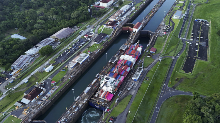 A cargo ship traverses the Agua Clara Locks of the Panama Canal in Colon, Panama, Sept. 2, 2024. (AP Photo/Matias Delacroix, File)