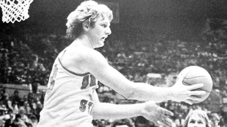 Indiana State University's All-American Larry Bird (with ball) keeps the play going, Feb. 25, 1979. - AP photo
