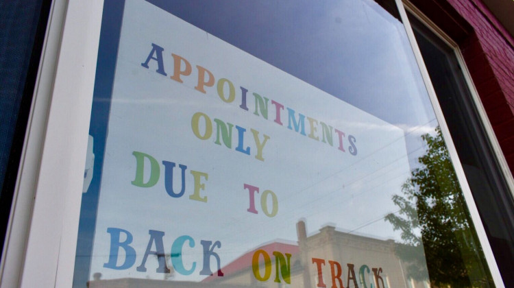 A sign in the window of Hair Way To Heaven & Tanning shows the businesses is operating by appointment only due to the state's "Back On Track" plan. - Justin Hicks/IPB News
