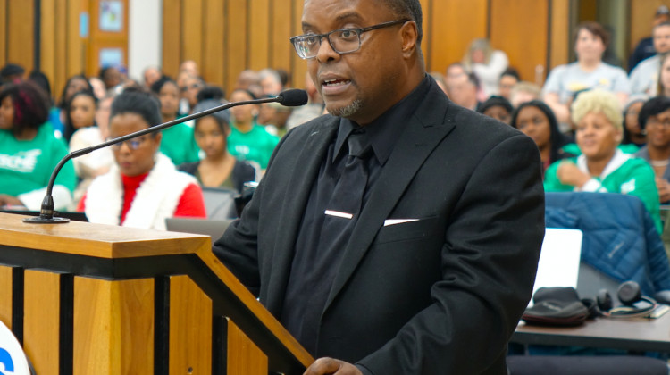 Arthur Hinton, principal of Louis B. Russell Jr. School 48, asks the Indianapolis Public Schools Board to not restart his school on Thursday, Jan. 30, 2020.  - Eric Weddle/WFYI News