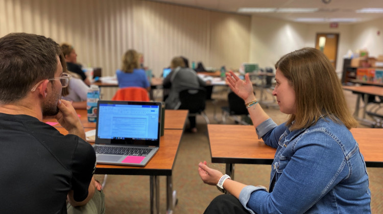 When students receive mental health support at school, educators get permission from parents, said Krista Fay with Avon Community Schools. Staff meet on Tuesday, May 30, 2023 at Cedar Elementary School to prepare for the next school year. - Dylan Peers McCoy/WFYI