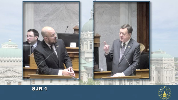 Sen. Rodney Pol (D-Chesterton) (L) and Sen. Eric Koch (R-Bedford) debated the details of SJR1 Thursday. - General Assembly livestream
