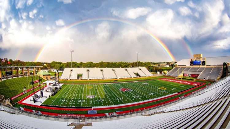 A double rainbow appears over Ball State University's May 2021 outdoor COVID-19-safe graduation set-up. - Samantha Blankenship/Ball State University