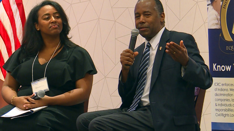 U.S. Secretary of Housing and Urban Development Ben Carson speaks during an audience-submitted Q-and-A session at the Region 5 Fair Housing Law and Policy Conference.  - Lauren Chapman/IPB News