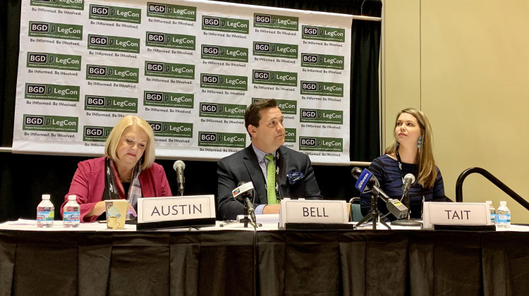 Rep. Terri Austin (D-Anderson), left, on a panel of gaming experts at the Bingham Greenebaum Doll Legislative Conference. - Brandon Smith/IPB News