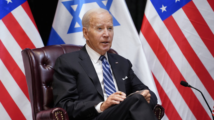 President Joe Biden speaks as he and Israeli Prime Minister Benjamin Netanyahu participate in an expanded bilateral meeting with Israeli and U.S. government officials, Wednesday in Tel Aviv. - Evan Vucci / AP