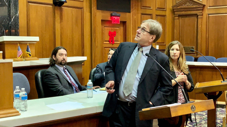 Attorney Bill Groth, center, discusses his election security presentation as Butler Professor Greg Shufeldt, left, looks on.  - Brandon Smith/IPB News