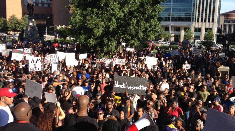 Hundreds of people gathered on the Statehouse lawn in Indianapolis on Saturday, July 9 to call for police reforms after recent killings in Louisiana and Minnesota. - Michelle Johnson/WFYI News