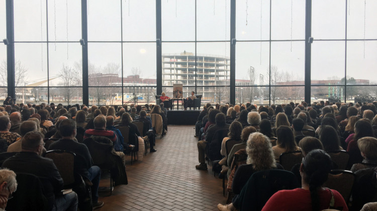 South Bend Mayor Pete Buttigieg talks to WNDU's Maureen McFadden at a launch event for his new book "Shortest Way Home" in front of a sold out crowd at the Century Center on Sunday, Feb. 10, 2019. - Jennifer Weingart/ WVPE Public Radio