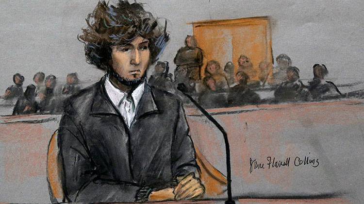 In this Thursday, Dec. 18, 2014 courtroom sketch, Boston Marathon bombing suspect Dzhokhar Tsarnaev sits in federal court in Boston for a final hearing before his trial begins in January. On Friday, May 15, 2015, Dzhokhar Tsarnaev was sentenced to death by lethal injection for the 2013 Boston Marathon terror attack. - Jane Flavell Collins via AP, File
