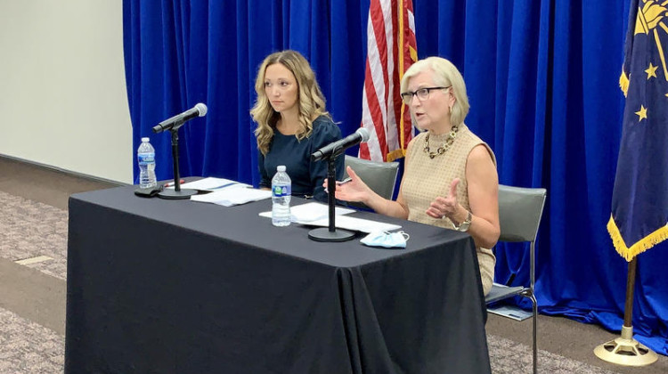 State Health Commissioner Dr. Kris Box, right, speaks at a press conference in August 2021. Dr. Lindsay Weaver, Indiana Department of Health chief medical officer, sits next to her. The governor's office announced announced Friday, May 12, Box would be retiring from her position and Weaver would be succeeding her. - Brandon Smith/IPB News