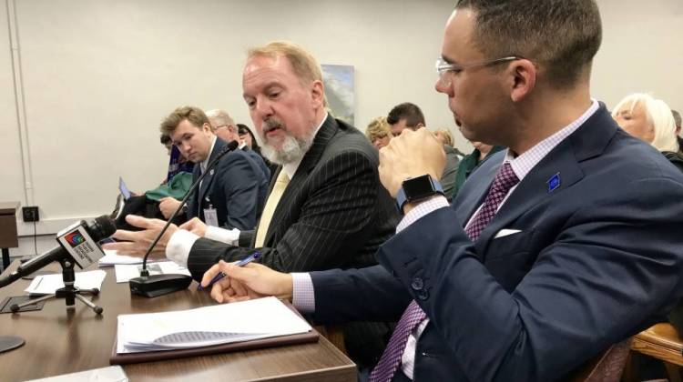 Indiana Election Division co-director Brad King (center) addresses the Senate Elections Committee. - Brandon Smith/IPB News