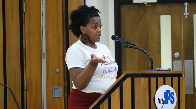 Brandi TaZiyah, a parent of students at Center For Inquiry School 70, addresses the Indianapolis Public Schools Board of Commioners about her concerns on enrollment polices at the Tuesday, June 22, 2021 board meeting. - (Eric Weddle/WFYI)