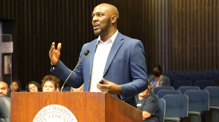 Brandon House, the founder of Engaged Community Schools, talks to the Indianapolis Charter School Board on Tuesday, June 21, 2022 at the City-County Building. The board approved a charter for House's school.  - Eric Weddle/WFYI