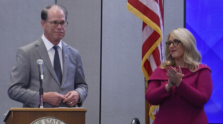 Indiana Gov. Mike Braun and Secretary of Education Katie Jenner in April 2025. - Alan K. Mbathi/IPB News