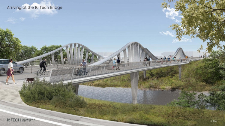 The bridge will span Fall Creek at West 10th Street and Riley Hospital Drive to connect the 16 Tech Innovation District to Indianapolis’ research/medical corridor and downtown. - Practice for Architecture and Urbanism