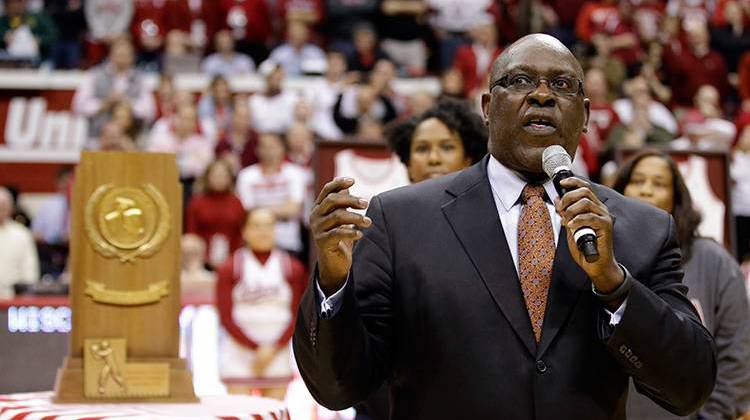 Quinn Buckner speaks during halftime of a basketball game between Indiana and Wisconsin, Tuesday, Jan. 5, 2016, in Bloomington. - AP Photo/Darron Cummings