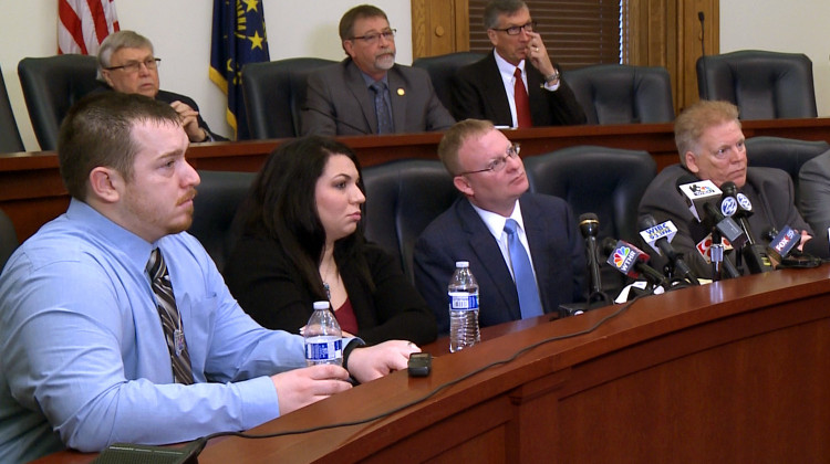 A group of lawmakers joined Shane and Brittany Ingle and Michael Schwab, the family of the three children killed October, at a meeting Tuesday to announce and advocate for bus safety-focused legislation.  - Tyler Lake/WTIU