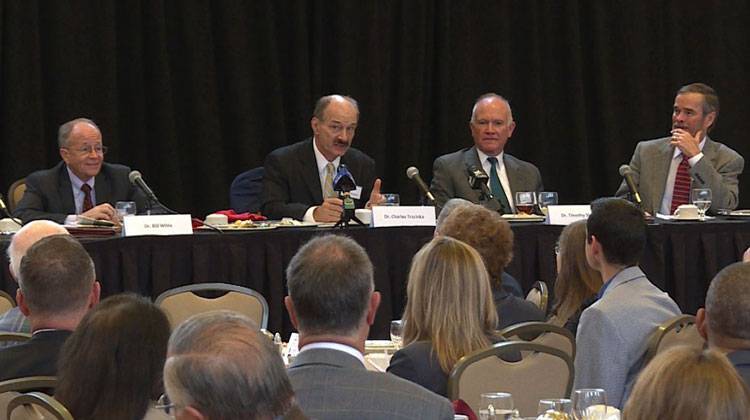 Discussion among the panelists at the annual IU Business Outlook event included road construction, cryptocurrencies like Bitcoin, and President Trumpâ€™s proposed tax cut. - Zach Herndon/WFIU