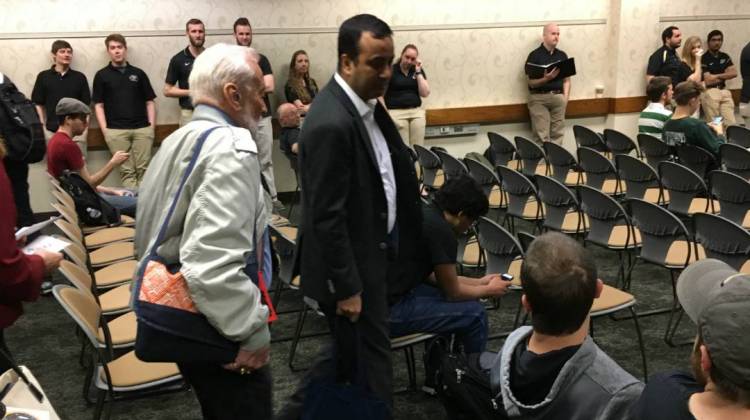 Former astronaut Buzz Aldrin (left) served as the "customer" for a group of Purdue students trying to determine what it'll cost to send a million humans to Mars in the next century. - Stan Jastrzebski/WBAA