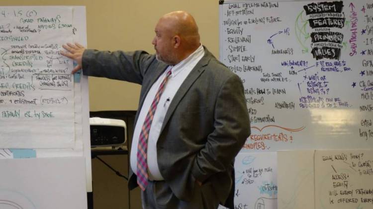 State Board of Education member Byron Ernest, chairman of the board's graduation pathways committee, explains possible pathways during a meeting Tuesday, Oct. 10, 2017 at the Indiana State Library. - Eric Weddle/WFYI