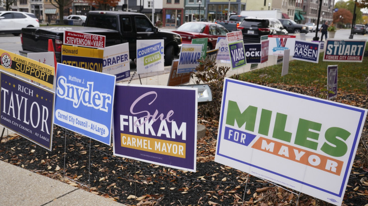 Signs for the Carmel mayoral race between Democrat Miles Nelson and Republican Sue Finkam are among the display for signs outside an early voting site at the Hamilton County Courthouse in Noblesville, Thursday, Oct. 26, 2023. - Michael Conroy / AP