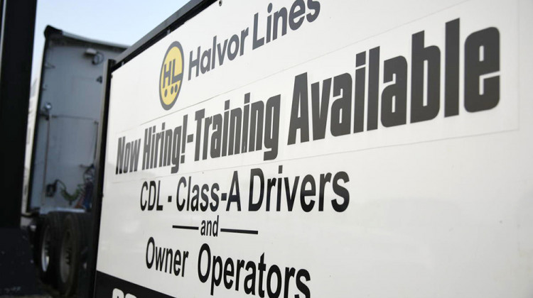 A trucking company in South Bend advertises training available to help new hires get CDL licenses. - Justin Hicks/IPB News